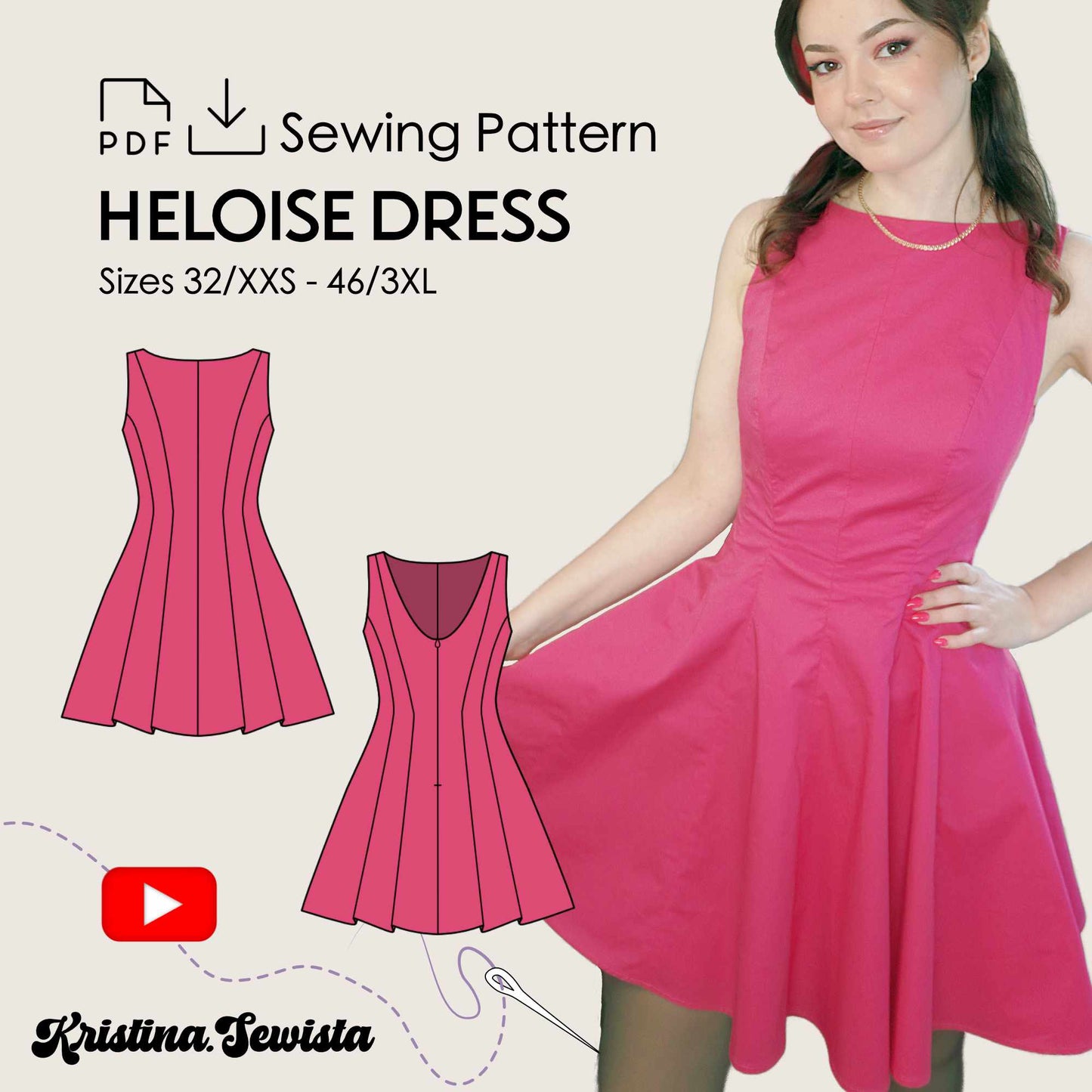Heloise boat neck dress sewing pattern by Kristina Sewista, PDF dress sewing pattern for women, elegant dress pattern