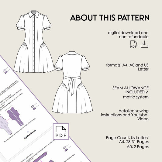 Shirt Dress GISELLE Sewing Pattern PDF – Button Down Summer Dress | Kristina Sewista - Summer Shirt dress advanced sewing