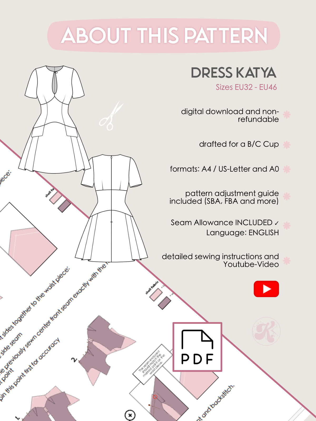 Keyhole Dress KATYA Sewing Pattern PDF | Tailored Pleated Mini Dress | Elegant Bouclé Dress Pattern | Sizes XXS–3XL - Kristina Sewista