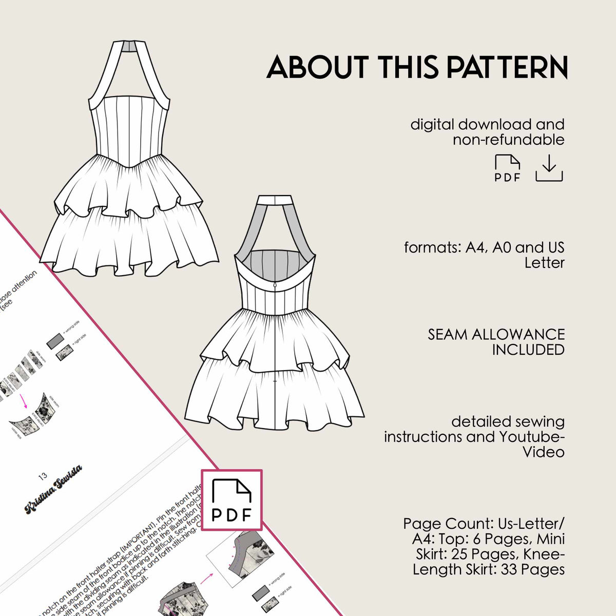 Halter Neck Dress FENJA Sewing Pattern PDF – Summer Dress & Top | Digital Sewing Pattern by Kristina Sewista