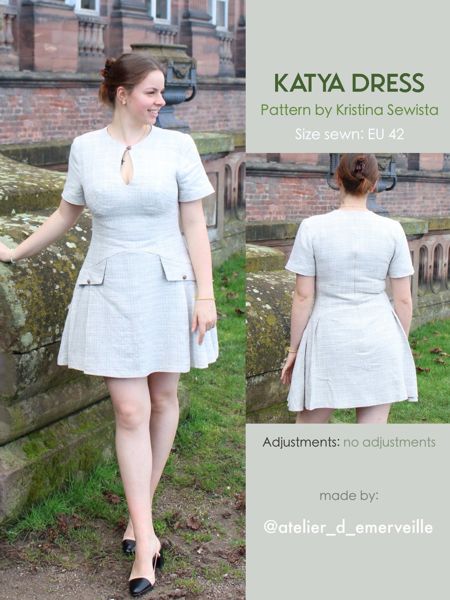 Keyhole Dress KATYA Sewing Pattern PDF | Tailored Pleated Mini Dress | Elegant Bouclé Dress Pattern | Sizes XXS–3XL - Kristina Sewista