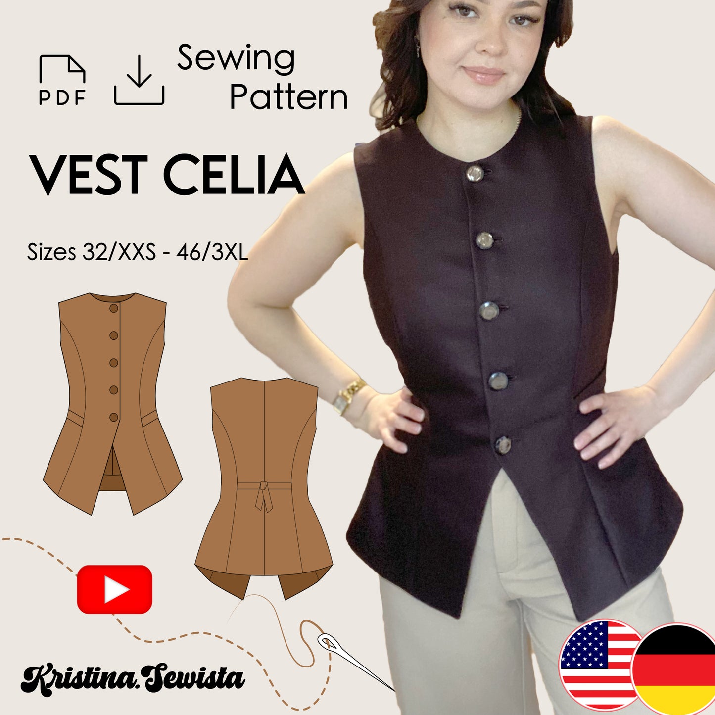 Celia vest PDF pattern – fitted high-neck waistcoat - digital sewing pattern kristina sewista