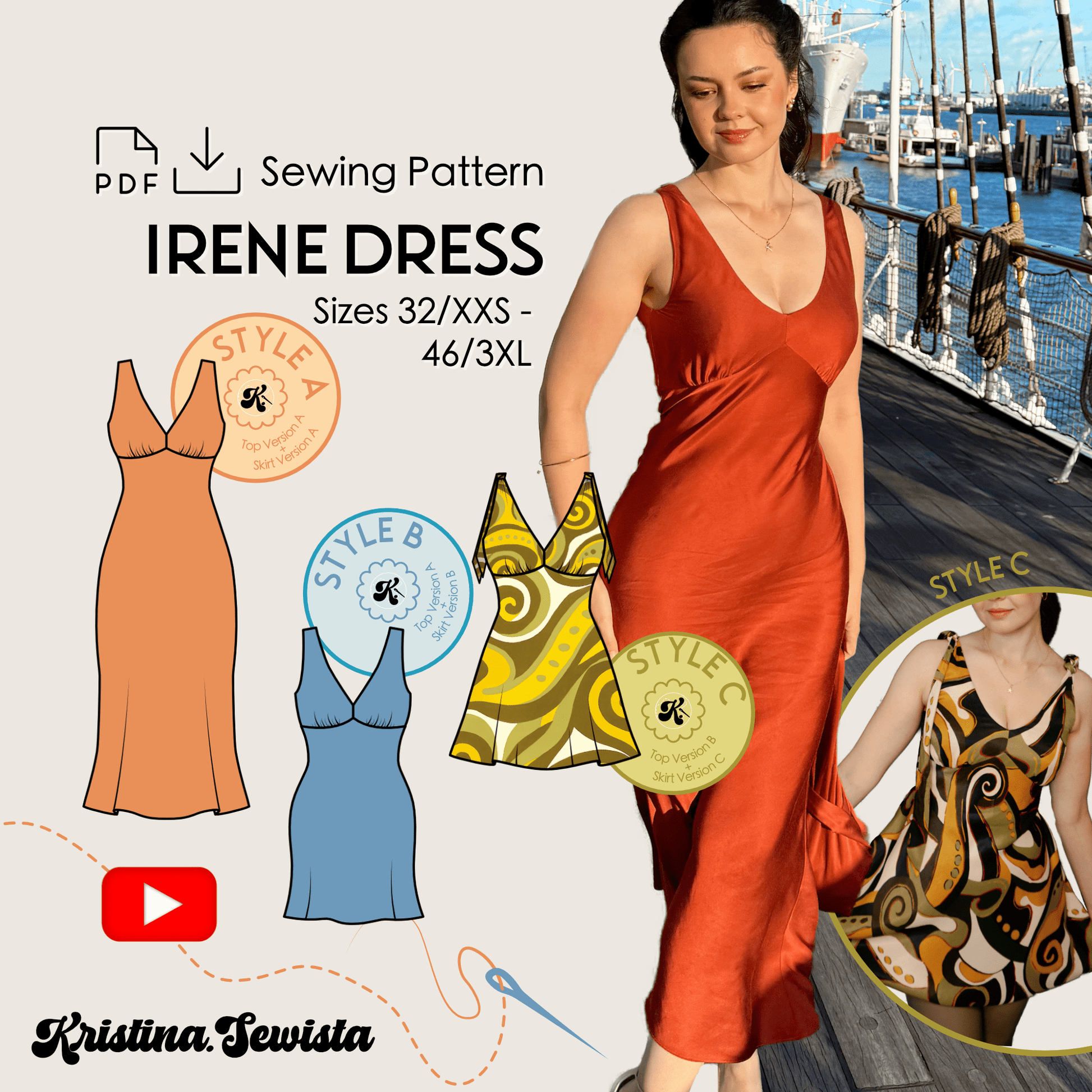 Bias Cut Dress IRENE Sewing Pattern PDF – Elegant Slip Dress & Summer Dress | Digital Pattern by Kristina Sewista