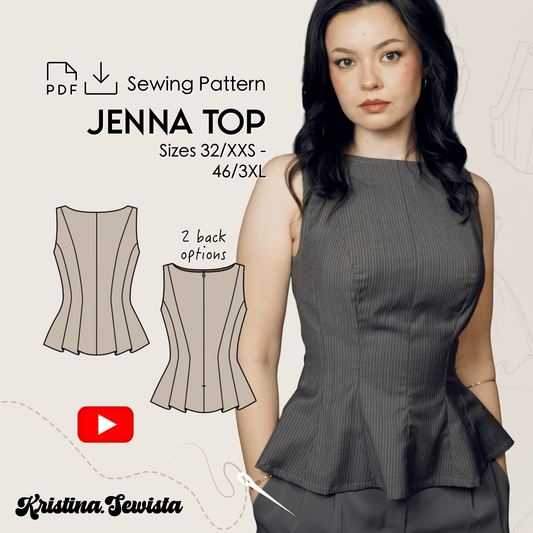 Peplum Top JENNA Sewing Pattern PDF | Trendy Y2K Boat Neck Top | Digital Sewing Pattern Sizes 32–46 - Kristina Sewista