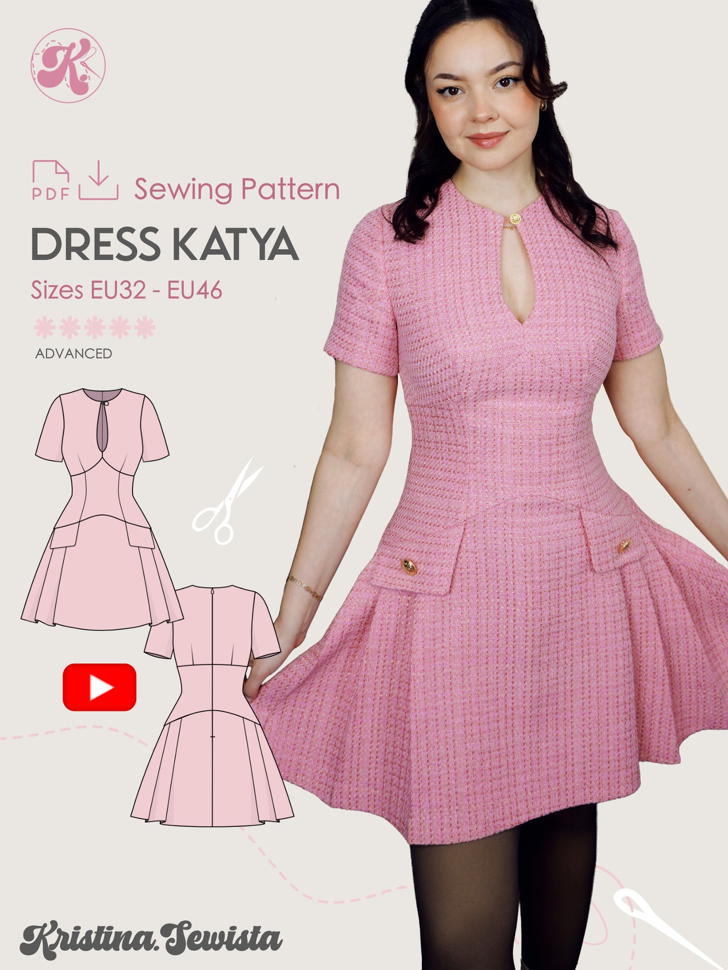 Keyhole Dress KATYA Sewing Pattern PDF | Tailored Pleated Mini Dress | Elegant Bouclé Dress Pattern | Sizes XXS–3XL - Kristina Sewista
