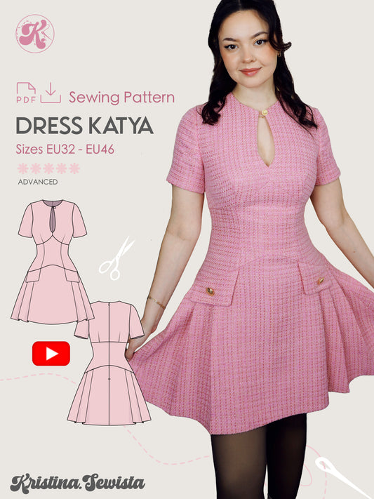 Keyhole Dress KATYA Sewing Pattern PDF | Tailored Pleated Mini Dress | Elegant Bouclé Dress Pattern | Sizes XXS–3XL - Kristina Sewista