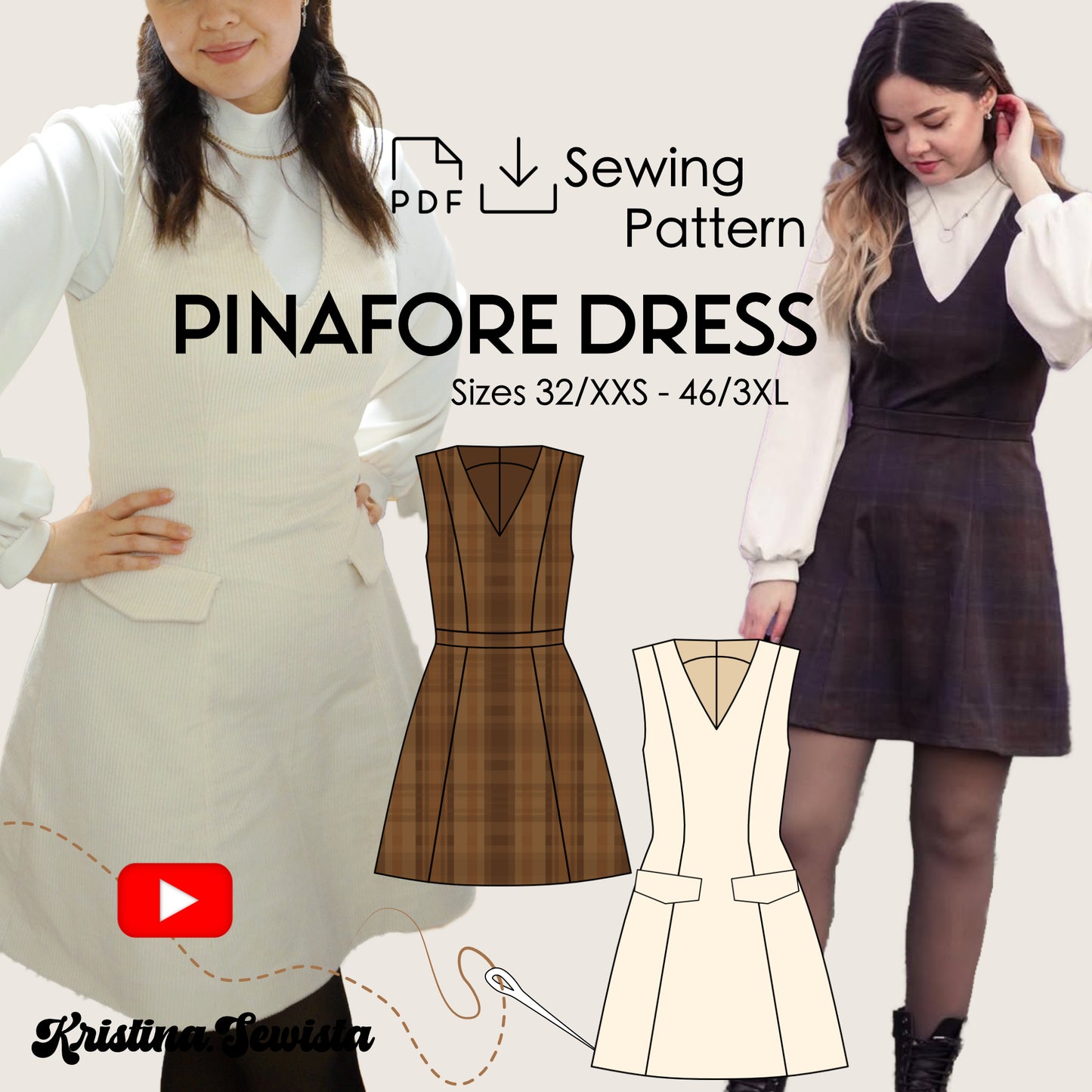 Pinafore Dress ENYA Sewing Pattern PDF – V-Neck Dress | Old Money Inspired | Digital Sewing Pattern by Kristina Sewista