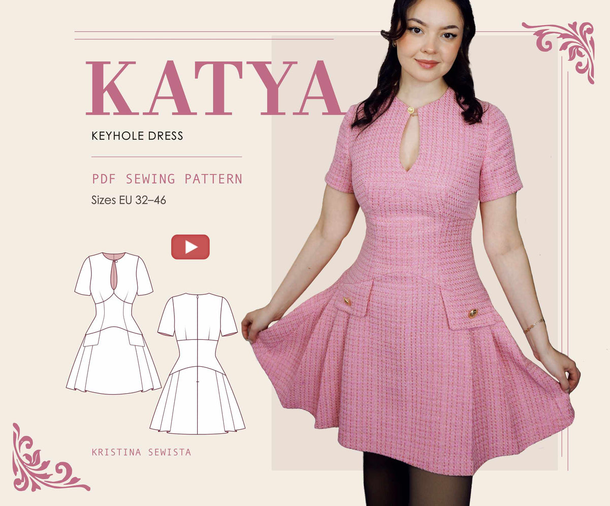 Keyhole Dress KATYA Sewing Pattern PDF | Tailored Pleated Mini Dress | Elegant Bouclé Dress Pattern | Sizes XXS–3XL - Kristina Sewista
