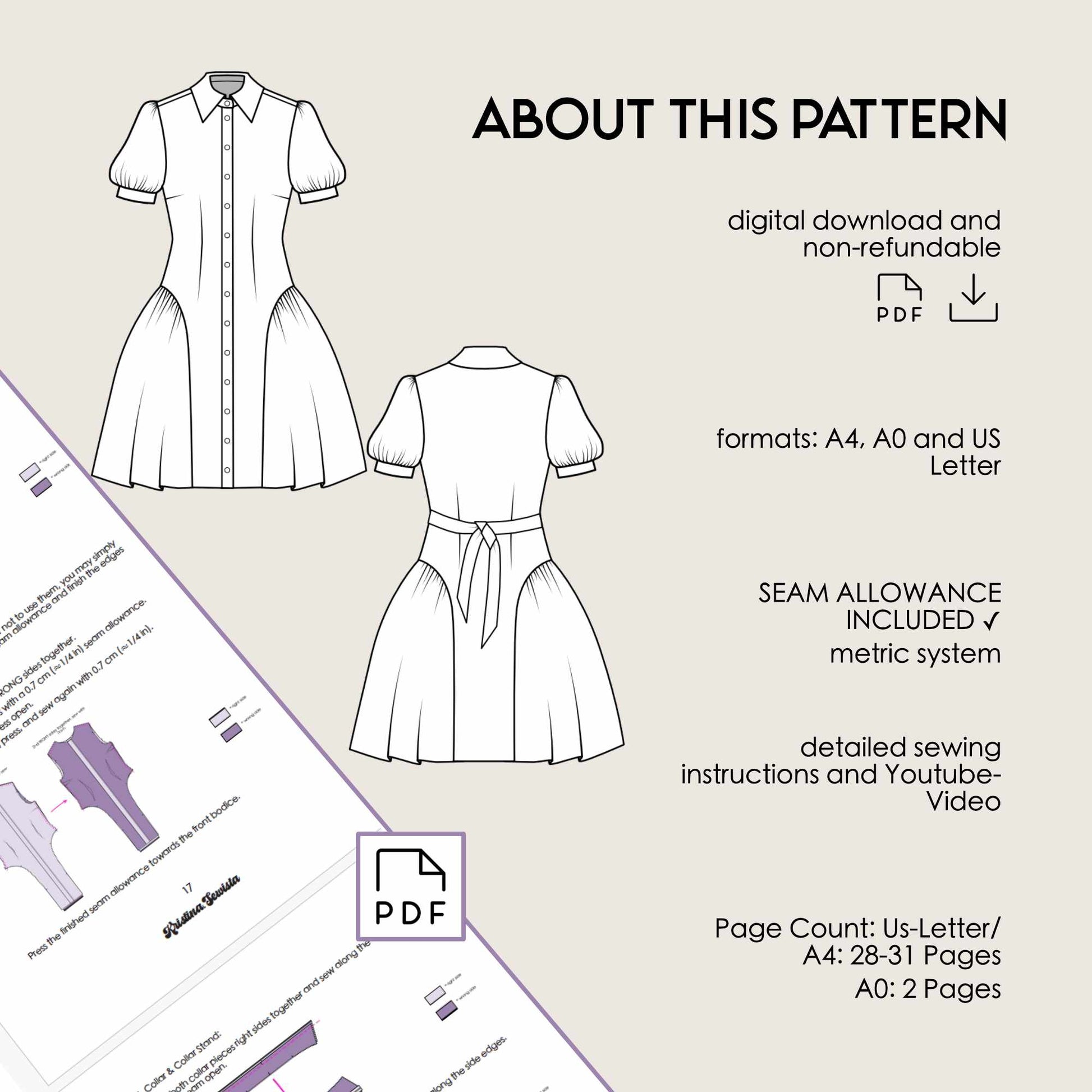 Shirt Dress GISELLE Sewing Pattern PDF – Button Down Summer Dress | Kristina Sewista - Summer Shirt dress advanced sewing