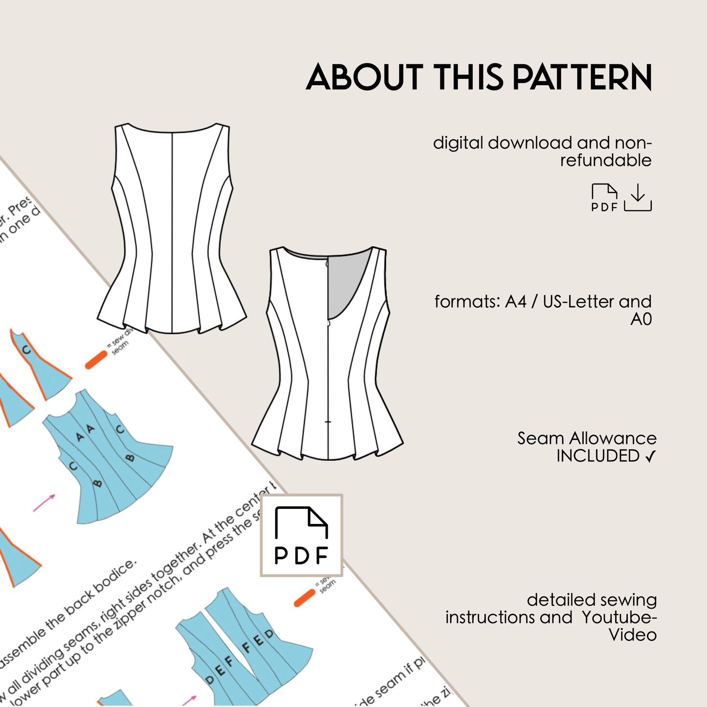 Peplum Top JENNA Sewing Pattern PDF | Trendy Y2K Boat Neck Top | Digital Sewing Pattern Sizes 32–46 - Kristina Sewista