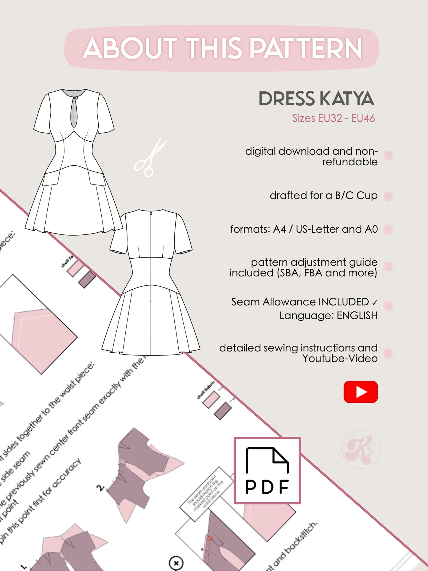 Keyhole Dress KATYA Sewing Pattern PDF | Tailored Pleated Mini Dress | Elegant Bouclé Dress Pattern | Sizes XXS–3XL - Kristina Sewista