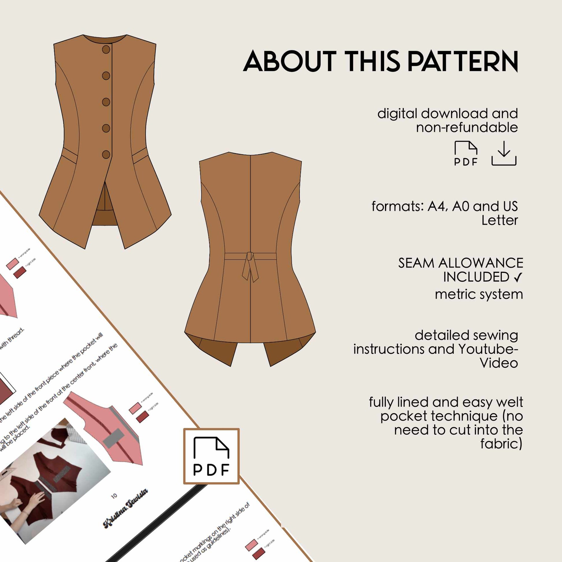 Celia vest PDF pattern – fitted high-neck waistcoat - digital sewing pattern kristina sewista