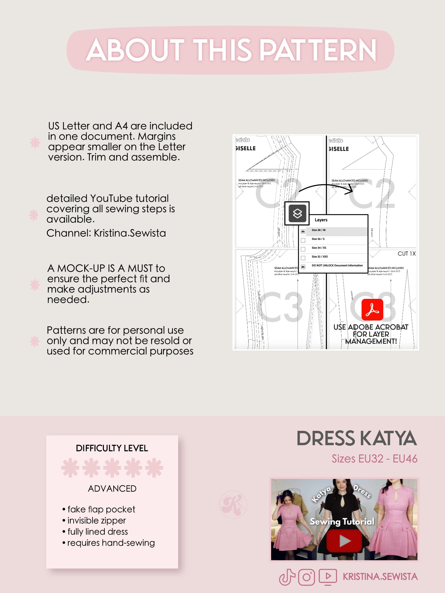Keyhole Dress KATYA Sewing Pattern PDF | Tailored Pleated Mini Dress | Elegant Bouclé Dress Pattern | Sizes XXS–3XL - Kristina Sewista