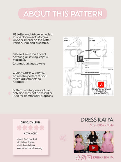 Keyhole Dress KATYA Sewing Pattern PDF | Tailored Pleated Mini Dress | Elegant Bouclé Dress Pattern | Sizes XXS–3XL - Kristina Sewista