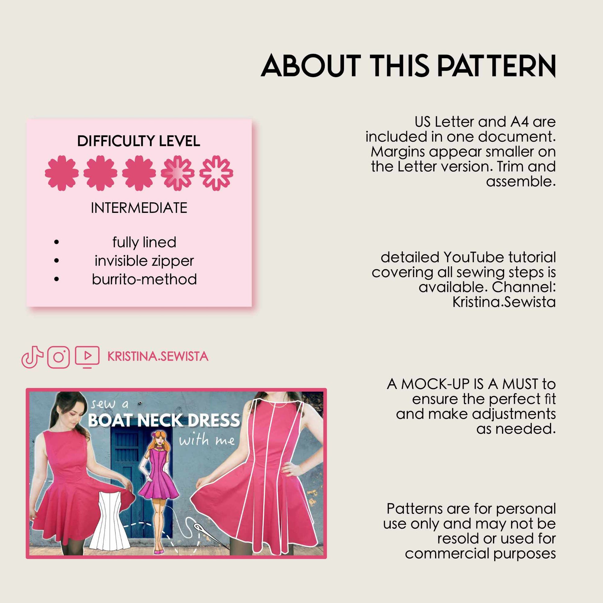 Heloise boat neck dress sewing pattern by Kristina Sewista, PDF dress sewing pattern for women, elegant dress pattern