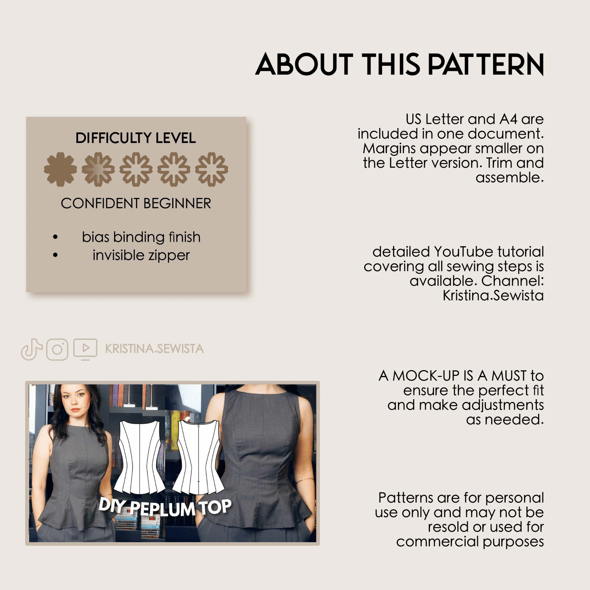 Peplum Top JENNA Sewing Pattern PDF | Trendy Y2K Boat Neck Top | Digital Sewing Pattern Sizes 32–46 - Kristina Sewista