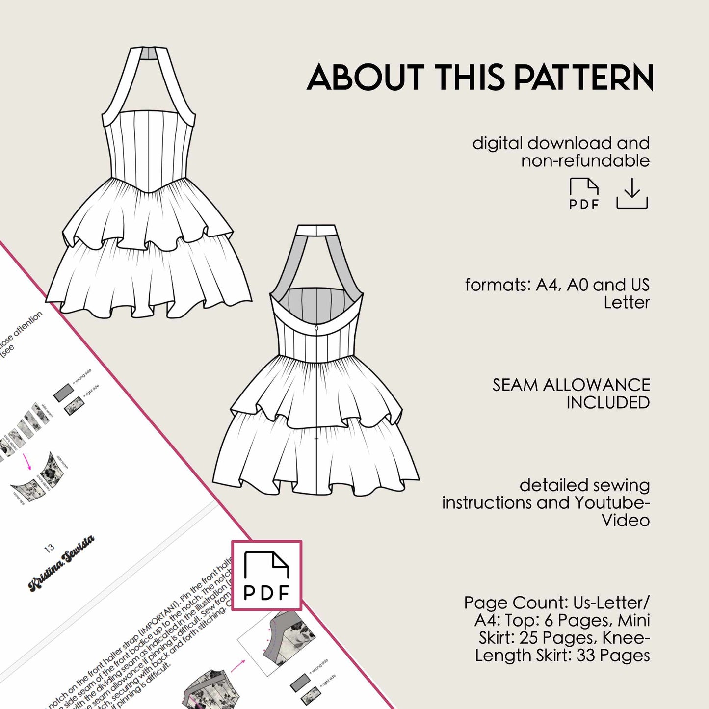 Halter Neck Dress FENJA Sewing Pattern PDF – Summer Dress & Top | Digital Sewing Pattern by Kristina Sewista