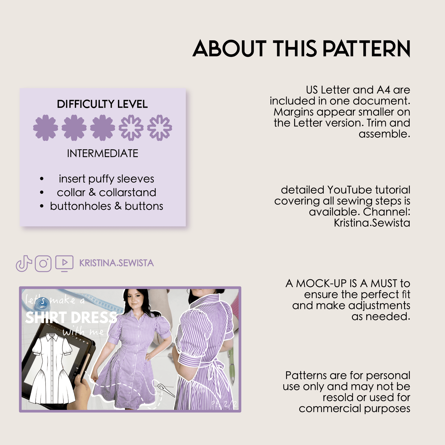 Shirt Dress GISELLE Sewing Pattern PDF – Button Down Summer Dress | Kristina Sewista - Summer Shirt dress advanced sewing