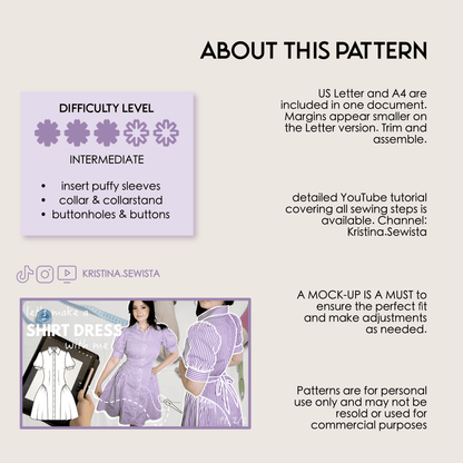Shirt Dress GISELLE Sewing Pattern PDF – Button Down Summer Dress | Kristina Sewista - Summer Shirt dress advanced sewing