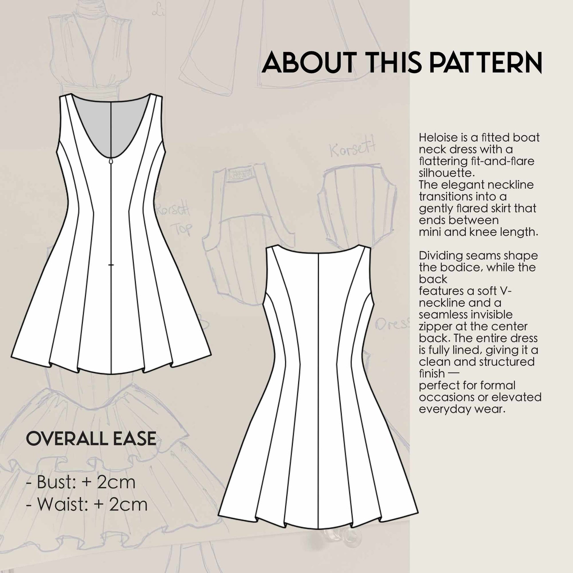 Heloise boat neck dress sewing pattern by Kristina Sewista, PDF dress sewing pattern for women, elegant dress pattern