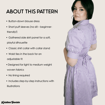 Shirt Dress GISELLE Sewing Pattern PDF – Button Down Summer Dress | Kristina Sewista - Summer Shirt dress advanced sewing