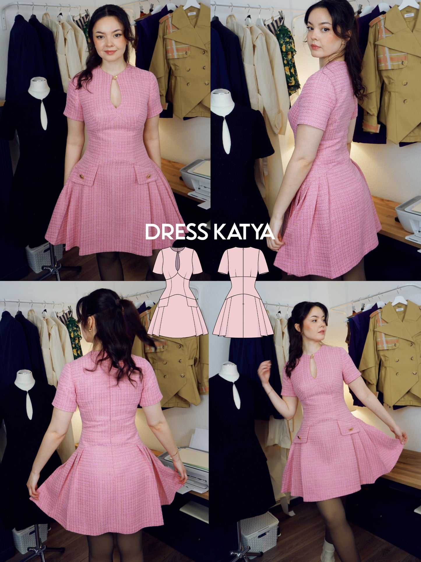 Keyhole Dress KATYA Sewing Pattern PDF | Tailored Pleated Mini Dress | Elegant Bouclé Dress Pattern | Sizes XXS–3XL - Kristina Sewista