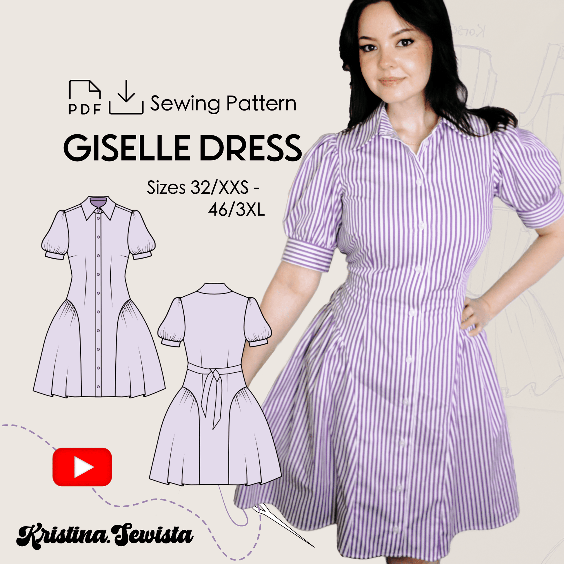 Shirt Dress GISELLE Sewing Pattern PDF – Button Down Summer Dress | Kristina Sewista - Summer Shirt dress advanced sewing