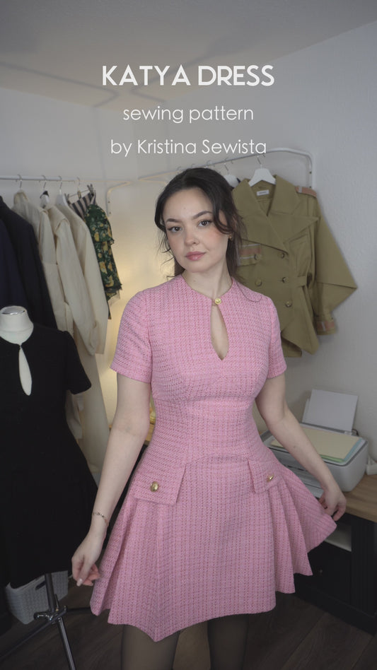 Keyhole Dress KATYA Sewing Pattern PDF | Tailored Pleated Mini Dress | Elegant Bouclé Dress Pattern | Sizes XXS–3XL